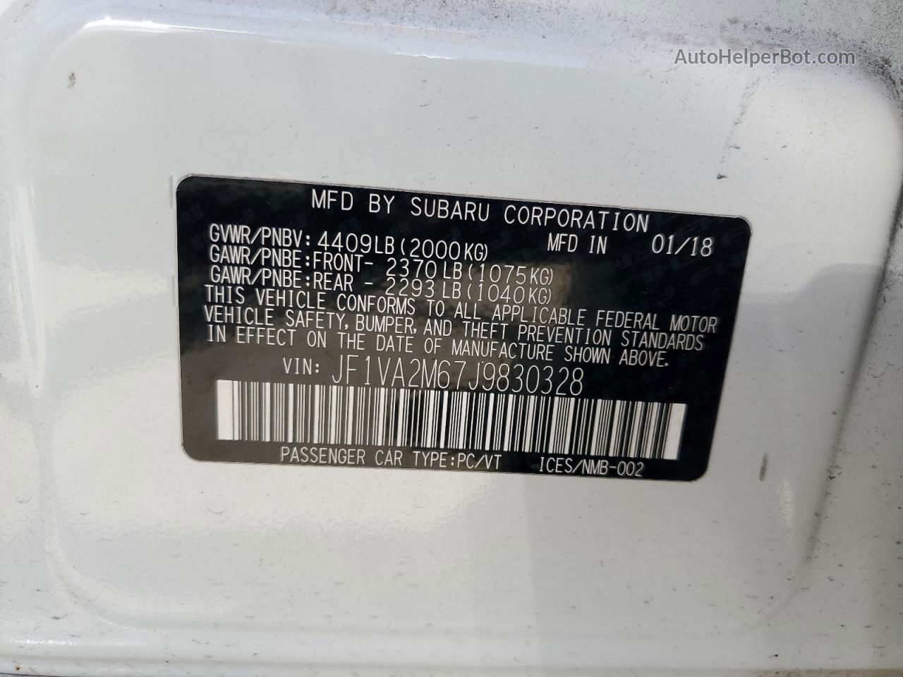2018 Subaru Wrx Sti White vin: JF1VA2M67J9830328
