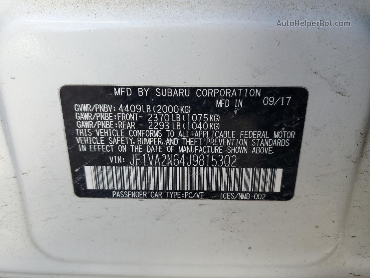 2018 Subaru Wrx Sti Белый vin: JF1VA2N64J9815302