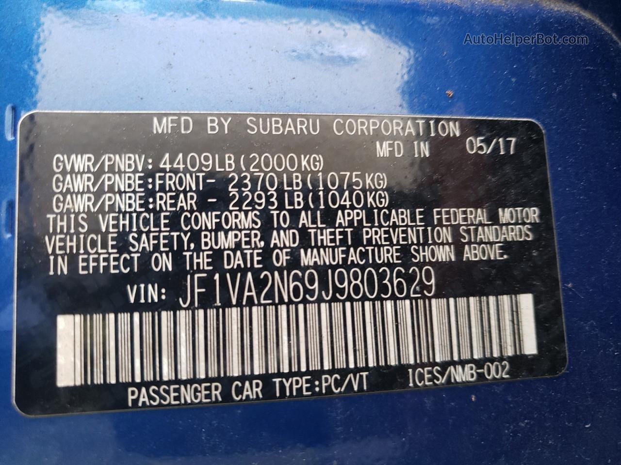 2018 Subaru Wrx Sti Blue vin: JF1VA2N69J9803629