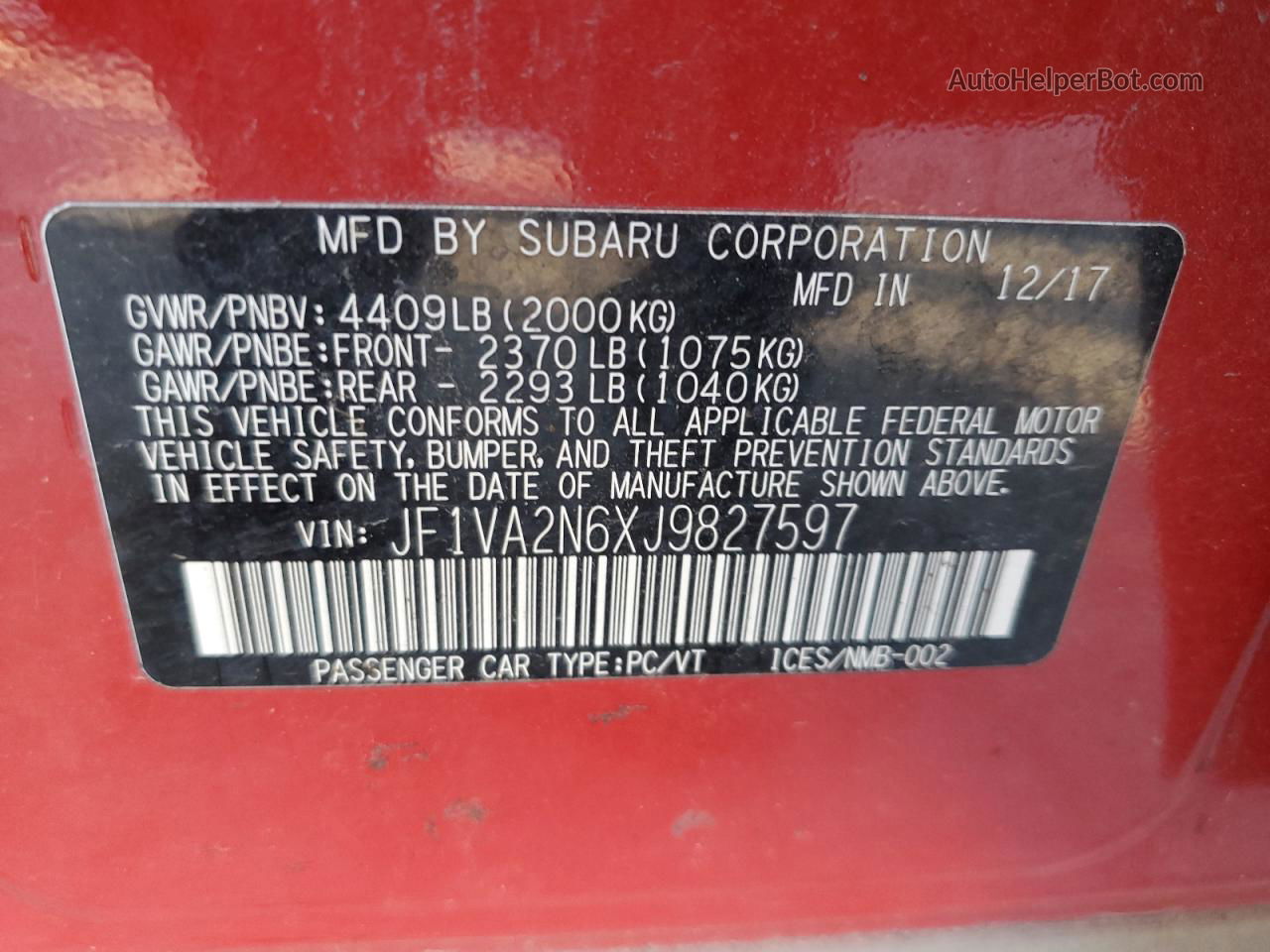 2018 Subaru Wrx Sti Red vin: JF1VA2N6XJ9827597