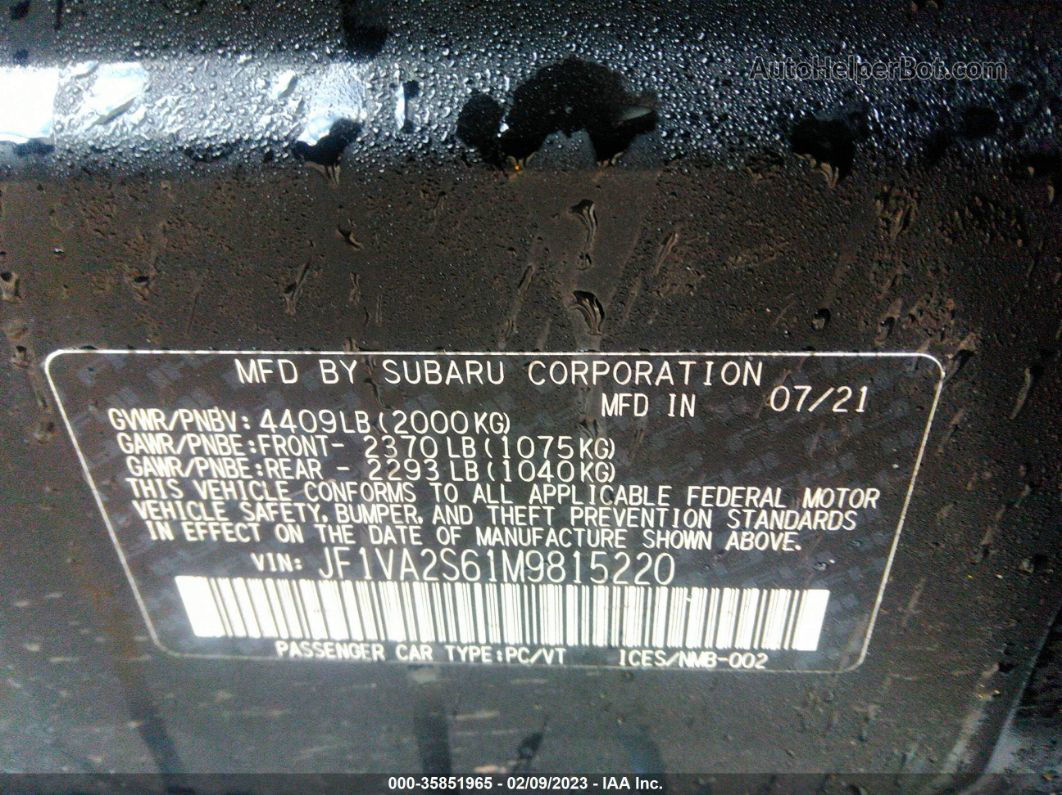 2021 Subaru Wrx Sti Черный vin: JF1VA2S61M9815220