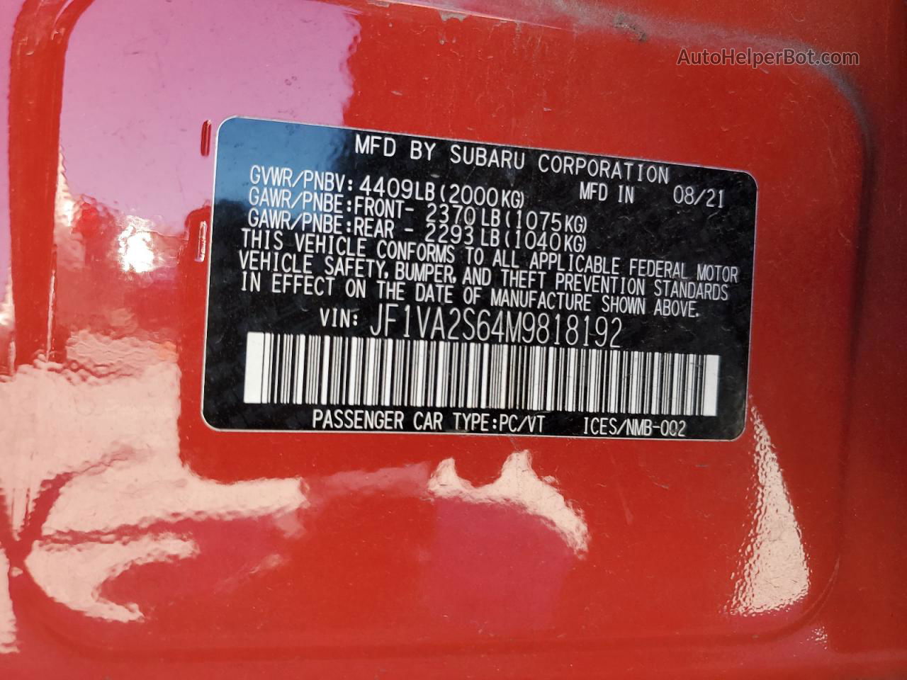 2021 Subaru Wrx Sti Red vin: JF1VA2S64M9818192