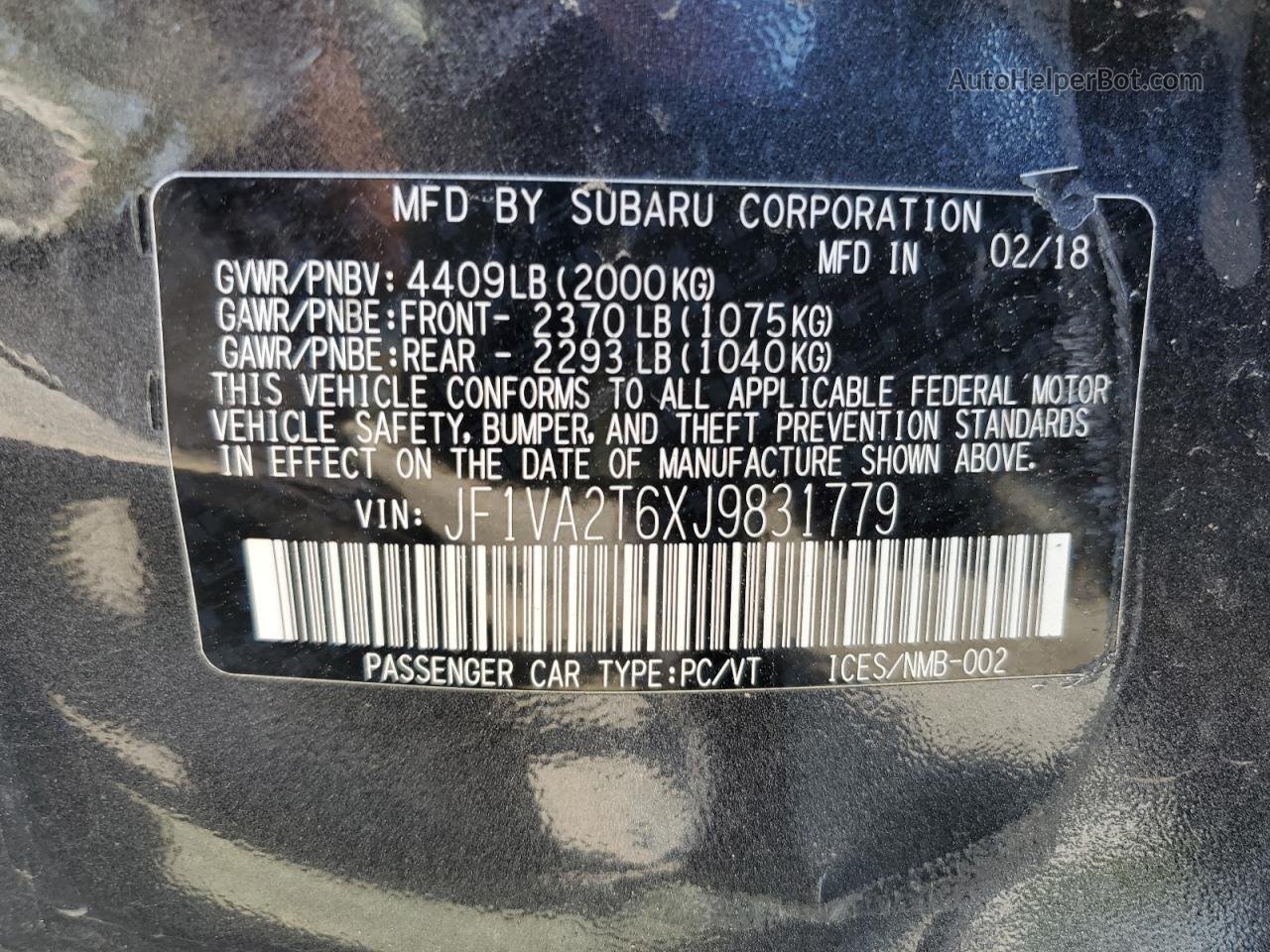 2018 Subaru Wrx Sti Limited Charcoal vin: JF1VA2T6XJ9831779
