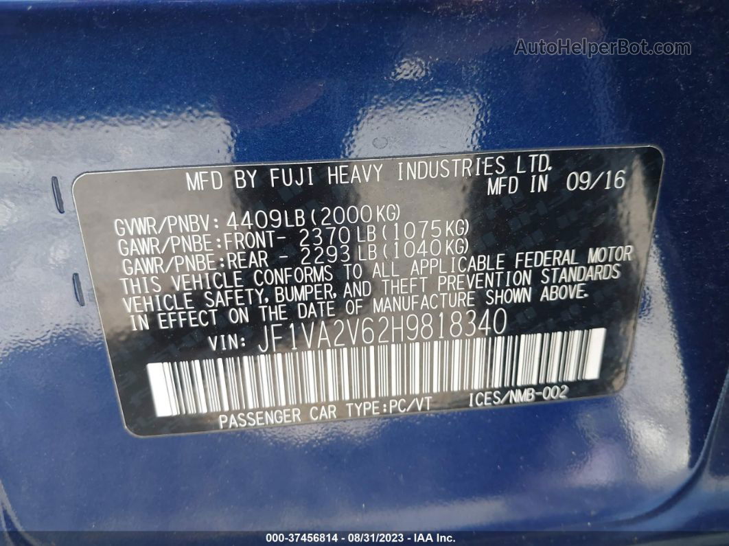 2017 Subaru Wrx Sti Blue vin: JF1VA2V62H9818340