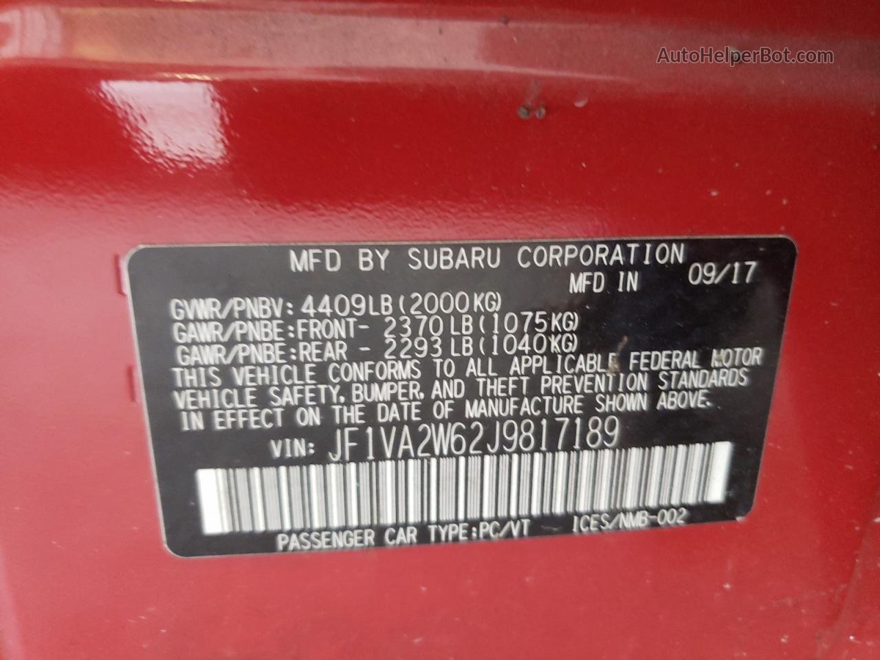 2018 Subaru Wrx Sti Limited Red vin: JF1VA2W62J9817189
