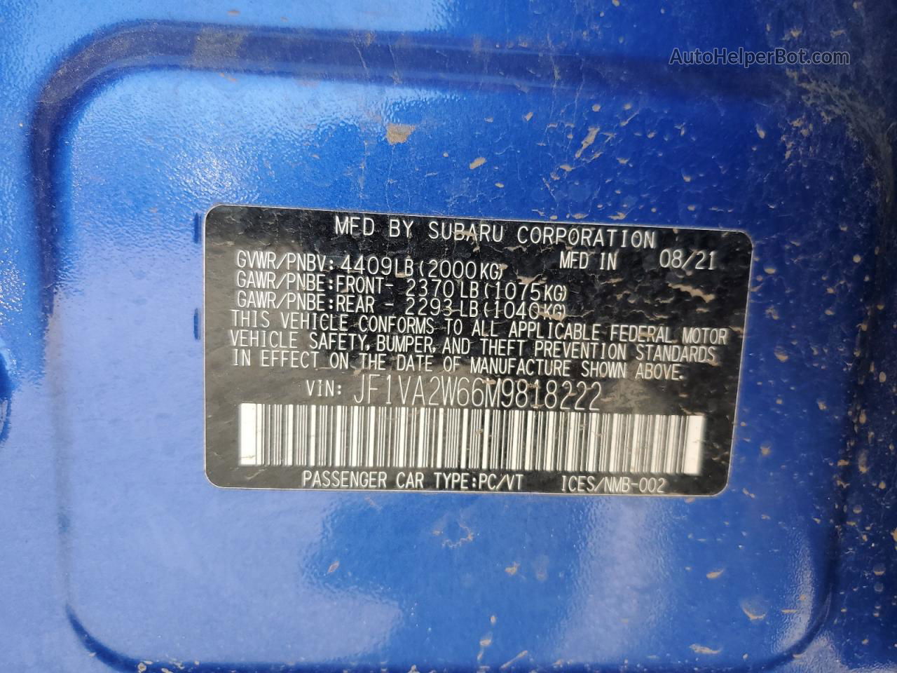 2021 Subaru Wrx Sti Limited Синий vin: JF1VA2W66M9818222