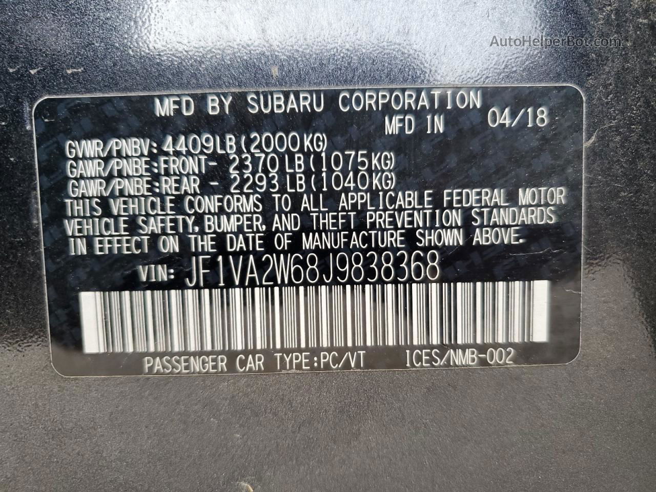 2018 Subaru Wrx Sti Limited Черный vin: JF1VA2W68J9838368