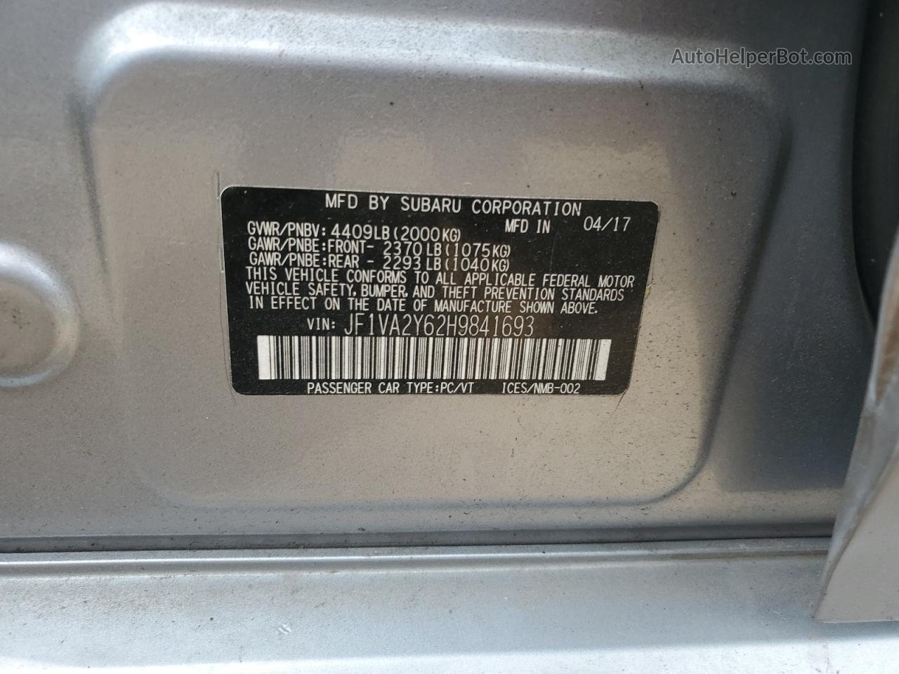 2017 Subaru Wrx Sti Limited Silver vin: JF1VA2Y62H9841693