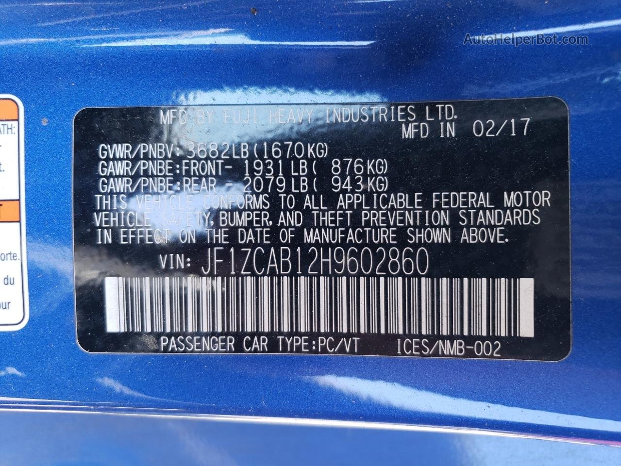 2017 Subaru Brz 2.0 Premium Blue vin: JF1ZCAB12H9602860