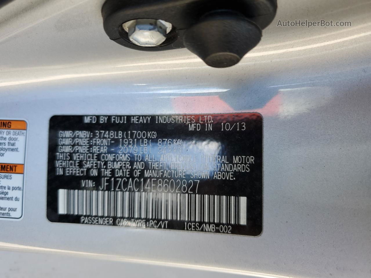 2014 Subaru Brz 2.0 Limited Silver vin: JF1ZCAC14E8602827