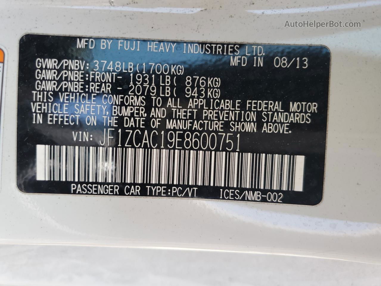 2014 Subaru Brz 2.0 Limited Белый vin: JF1ZCAC19E8600751