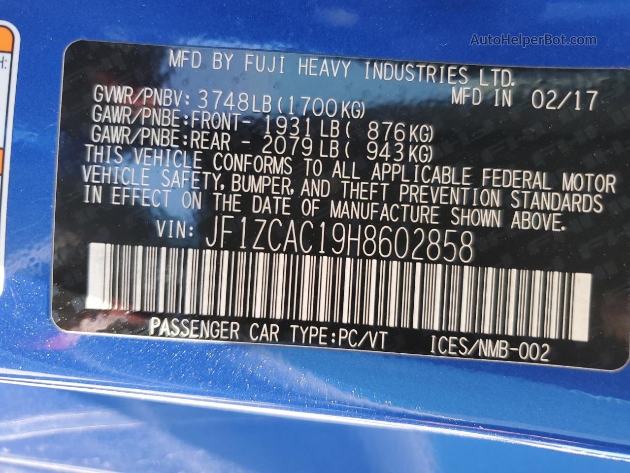 2017 Subaru Brz 2.0 Limited Blue vin: JF1ZCAC19H8602858