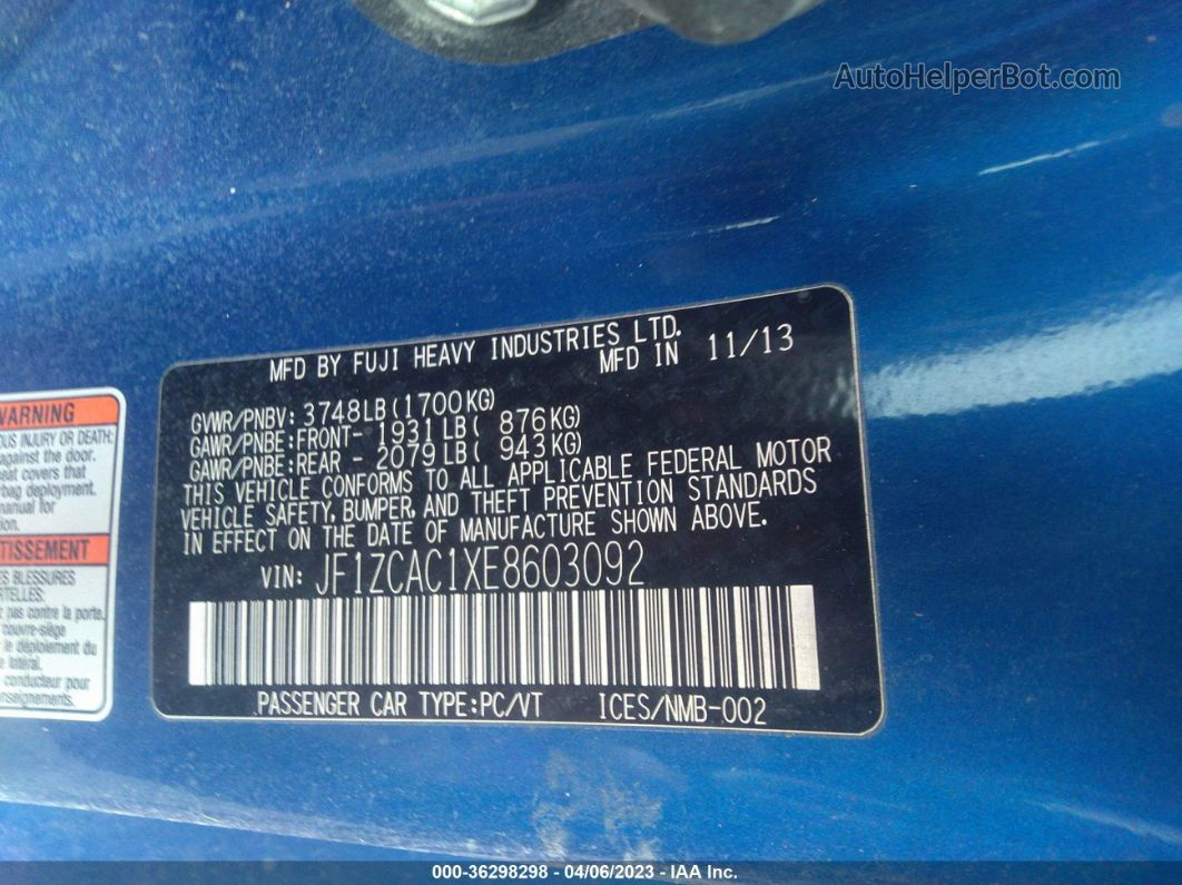 2014 Subaru Brz Limited Blue vin: JF1ZCAC1XE8603092