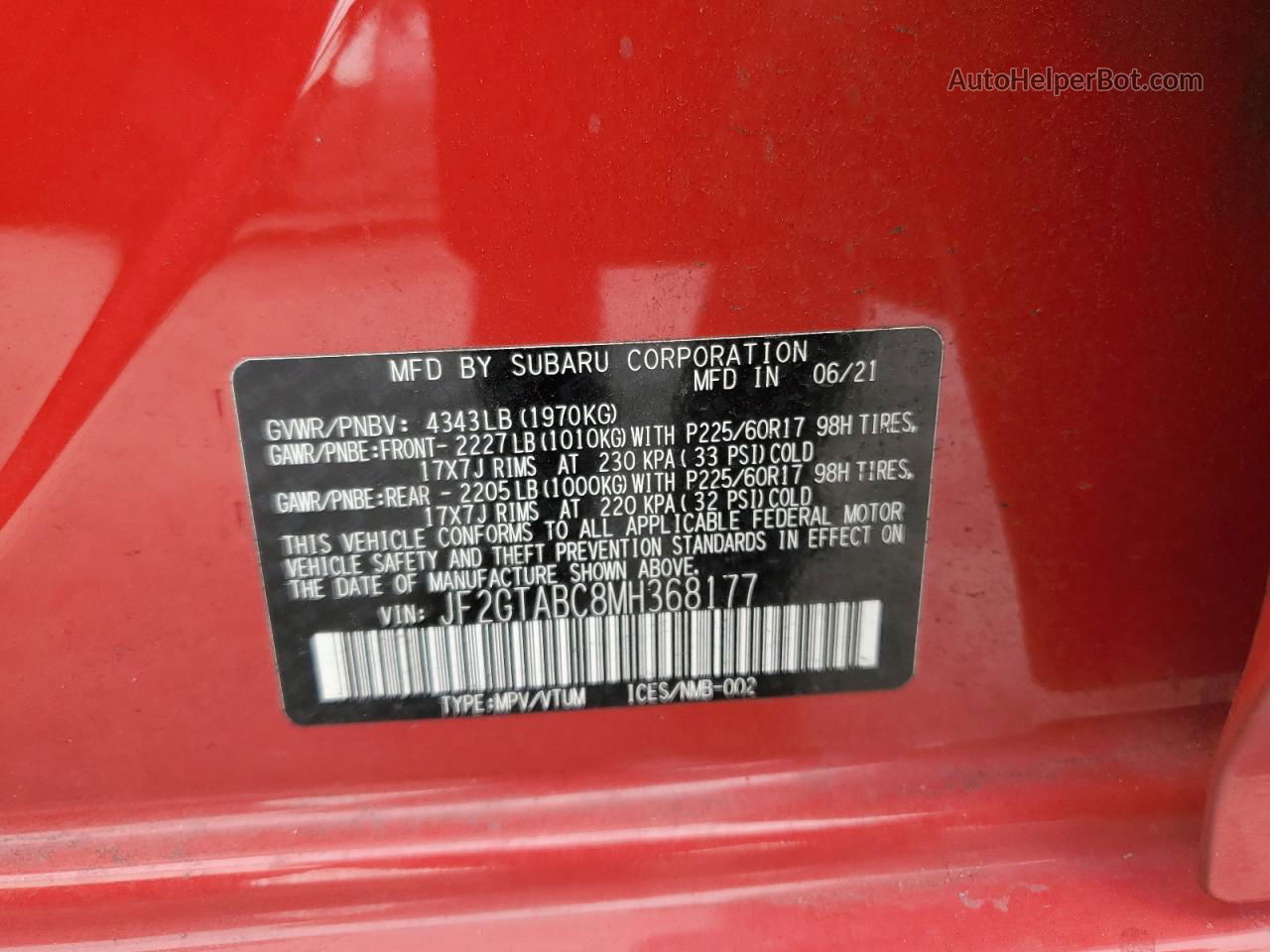 2021 Subaru Crosstrek  Red vin: JF2GTABC8MH368177