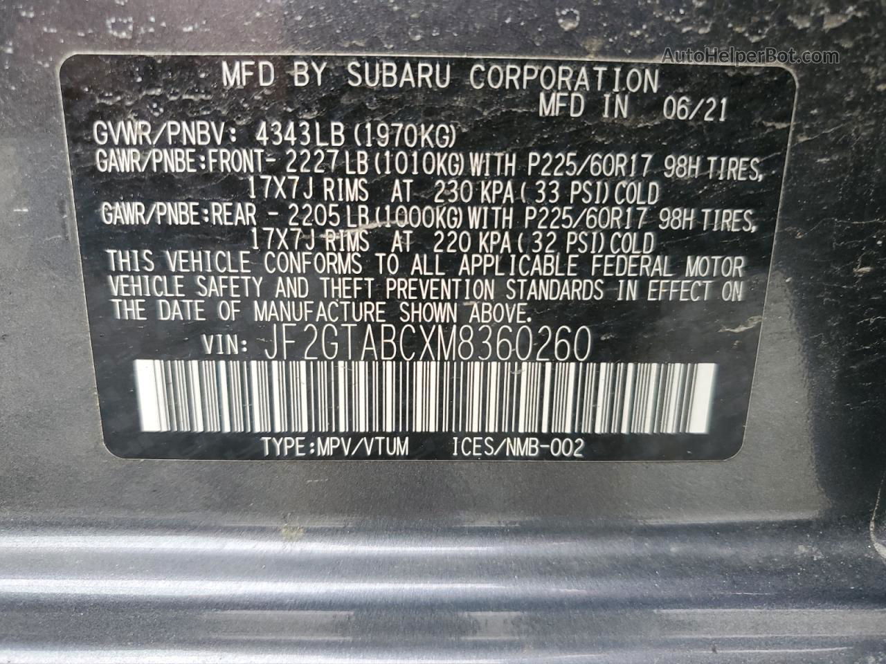 2021 Subaru Crosstrek  Серый vin: JF2GTABCXM8360260