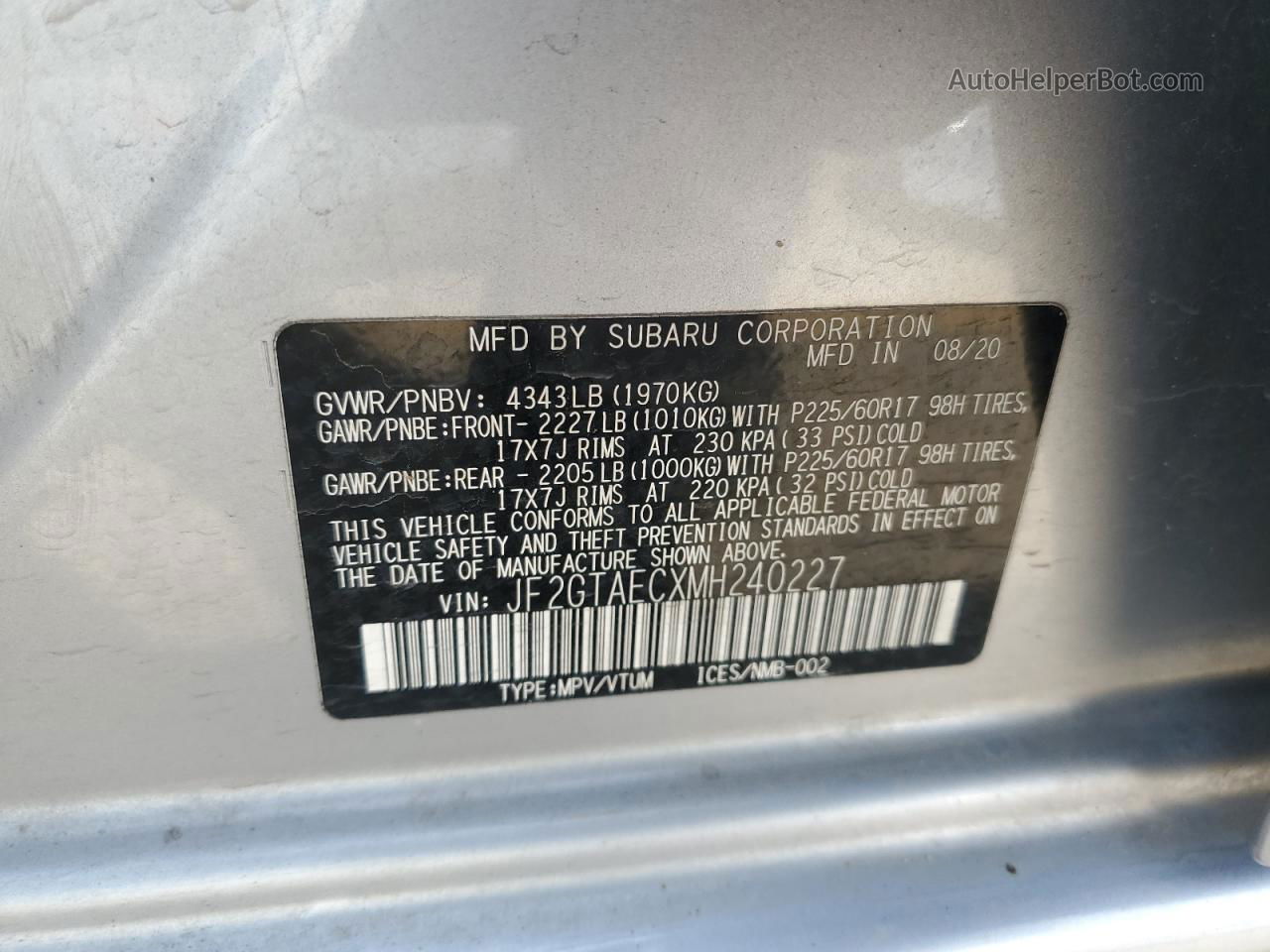 2021 Subaru Crosstrek Premium Silver vin: JF2GTAECXMH240227