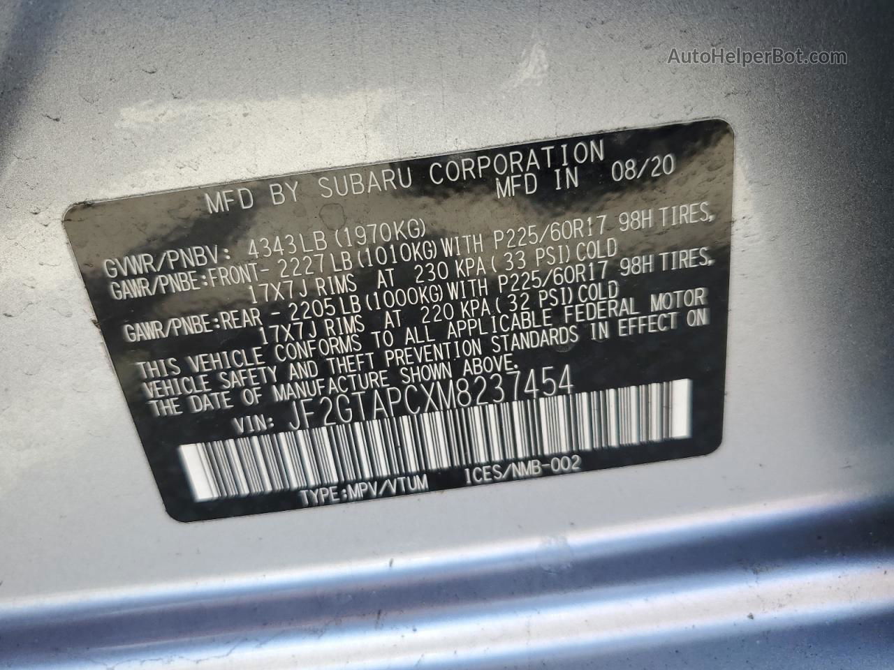 2021 Subaru Crosstrek Premium Silver vin: JF2GTAPCXM8237454