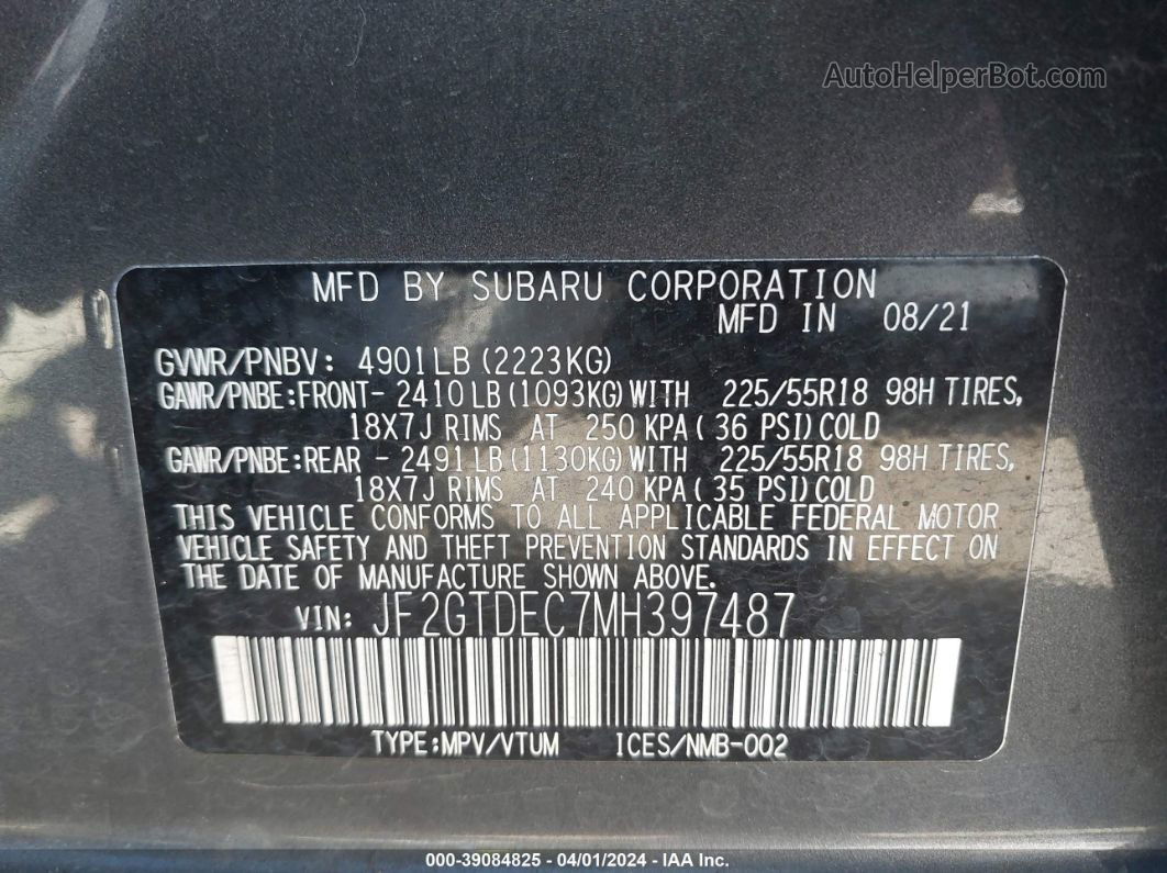 2021 Subaru Crosstrek Hybrid Gray vin: JF2GTDEC7MH397487
