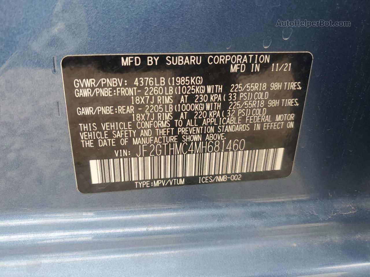 2021 Subaru Crosstrek Limited Синий vin: JF2GTHMC4MH681460