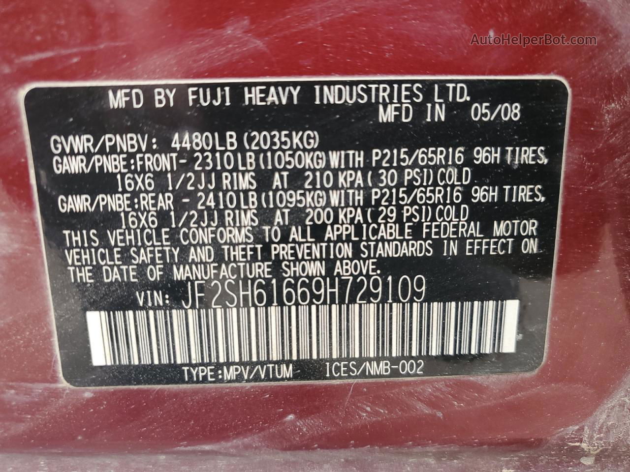 2009 Subaru Forester 2.5x Красный vin: JF2SH61669H729109