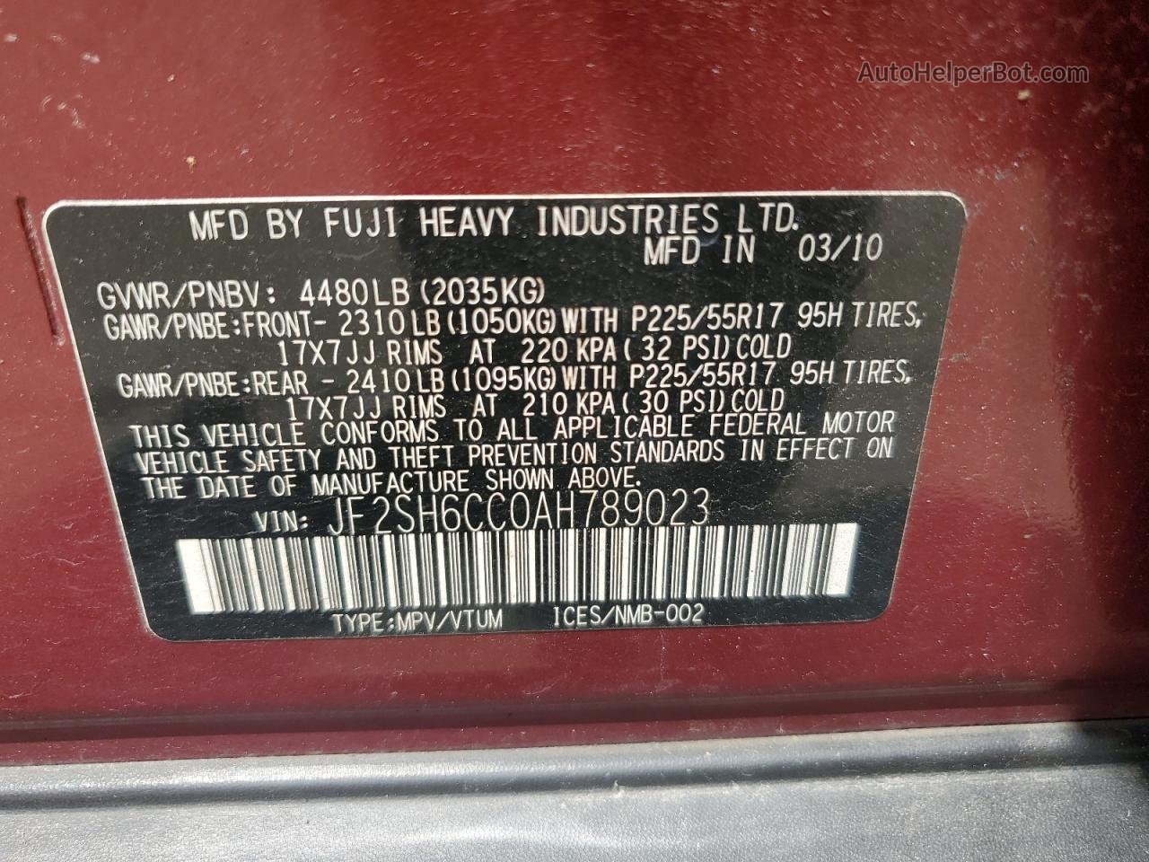 2010 Subaru Forester 2.5x Premium Темно-бордовый vin: JF2SH6CC0AH789023