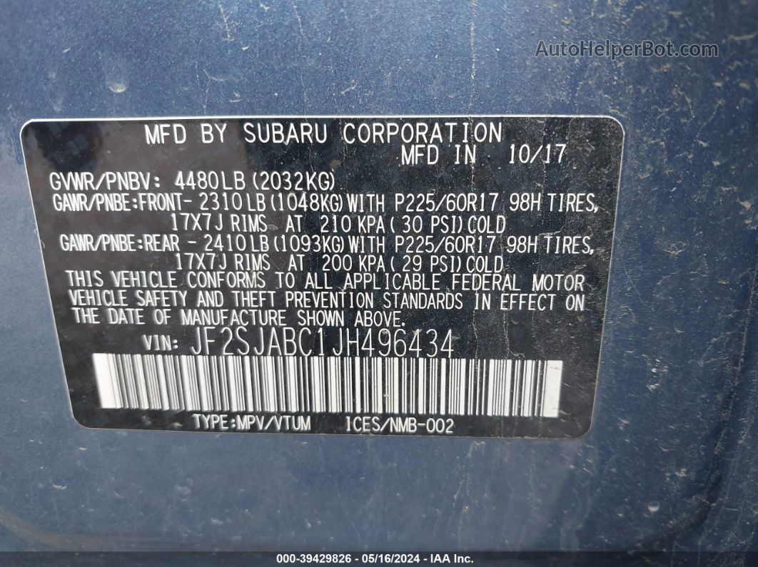 2018 Subaru Forester 2.5i Blue vin: JF2SJABC1JH496434