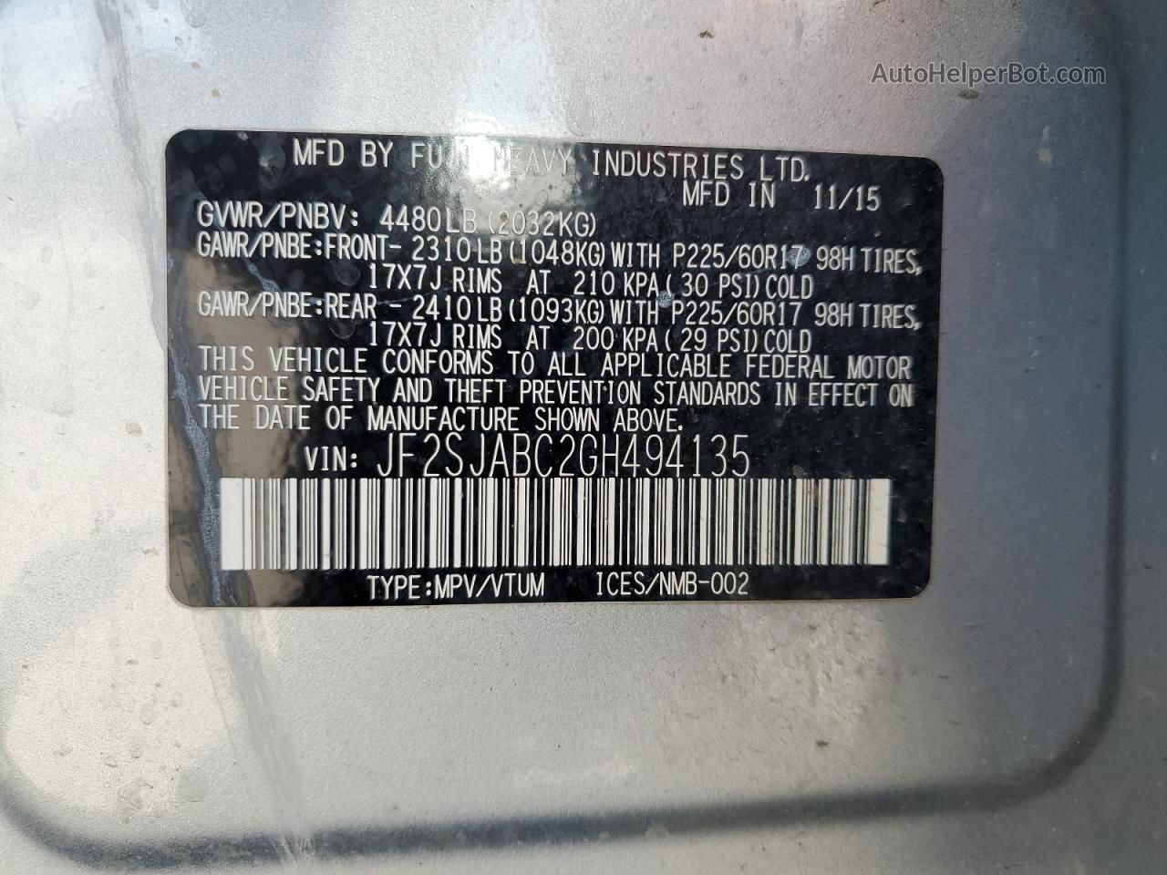2016 Subaru Forester 2.5i Silver vin: JF2SJABC2GH494135