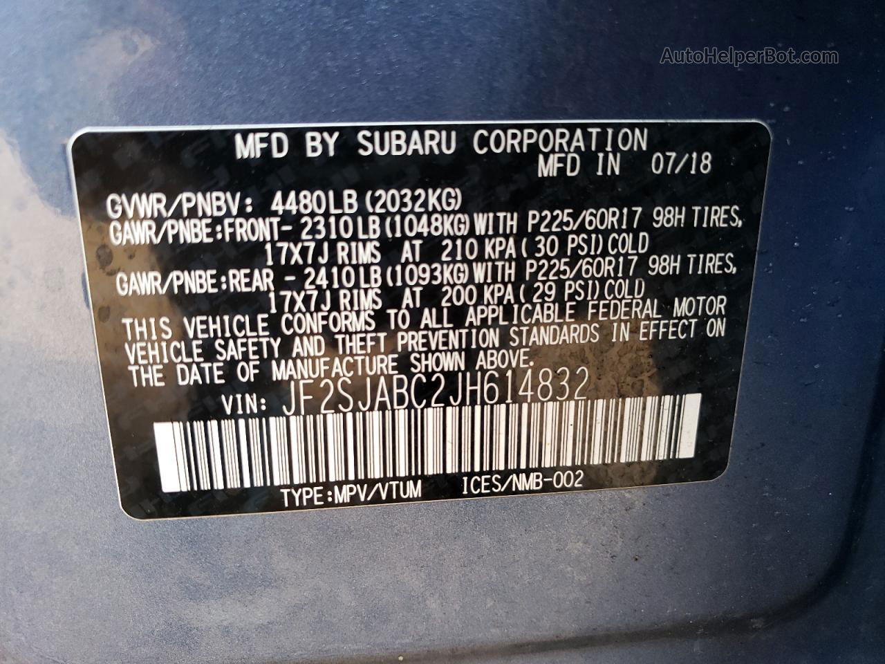 2018 Subaru Forester 2.5i Blue vin: JF2SJABC2JH614832