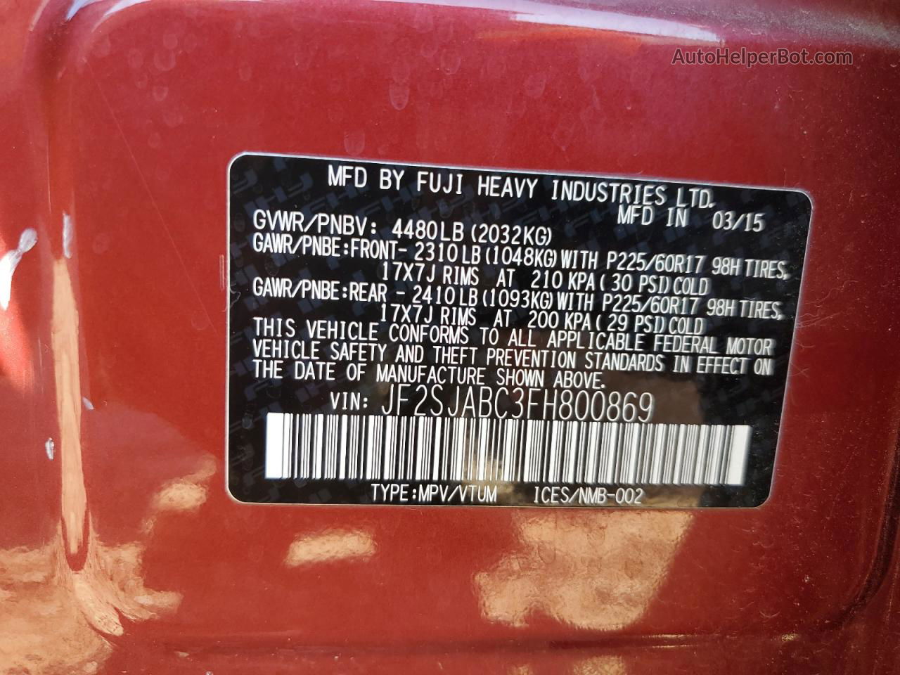 2015 Subaru Forester 2.5i Красный vin: JF2SJABC3FH800869