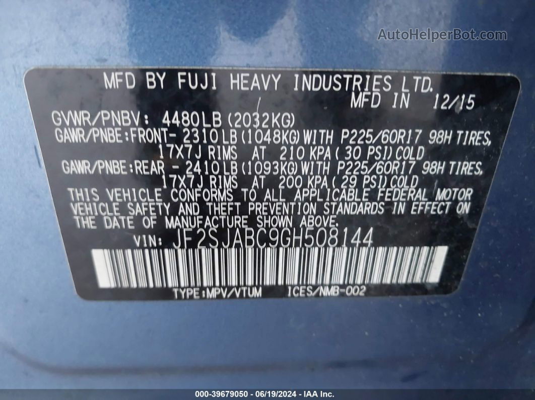 2016 Subaru Forester 2.5i Blue vin: JF2SJABC9GH508144