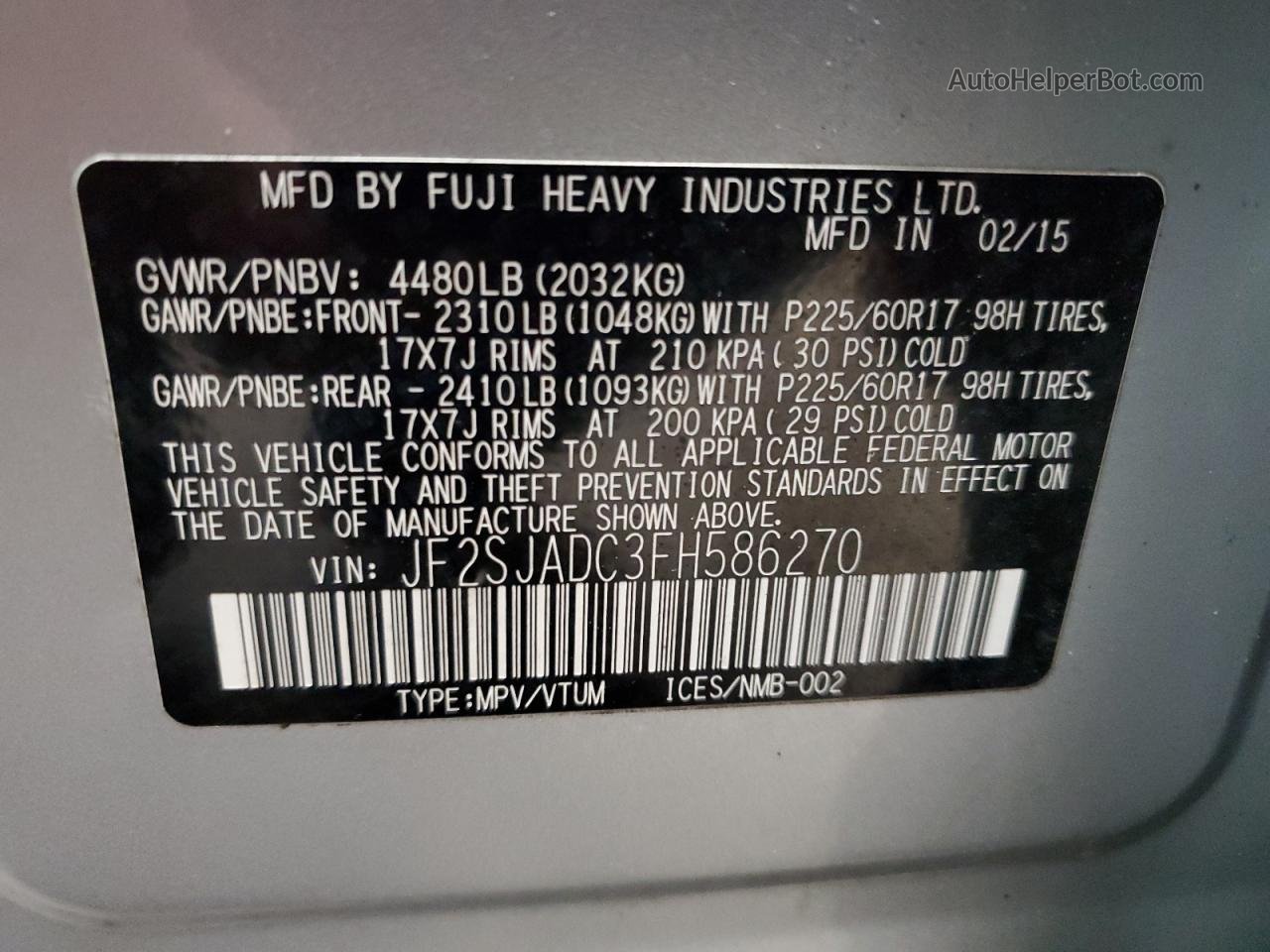 2015 Subaru Forester 2.5i Premium Серебряный vin: JF2SJADC3FH586270