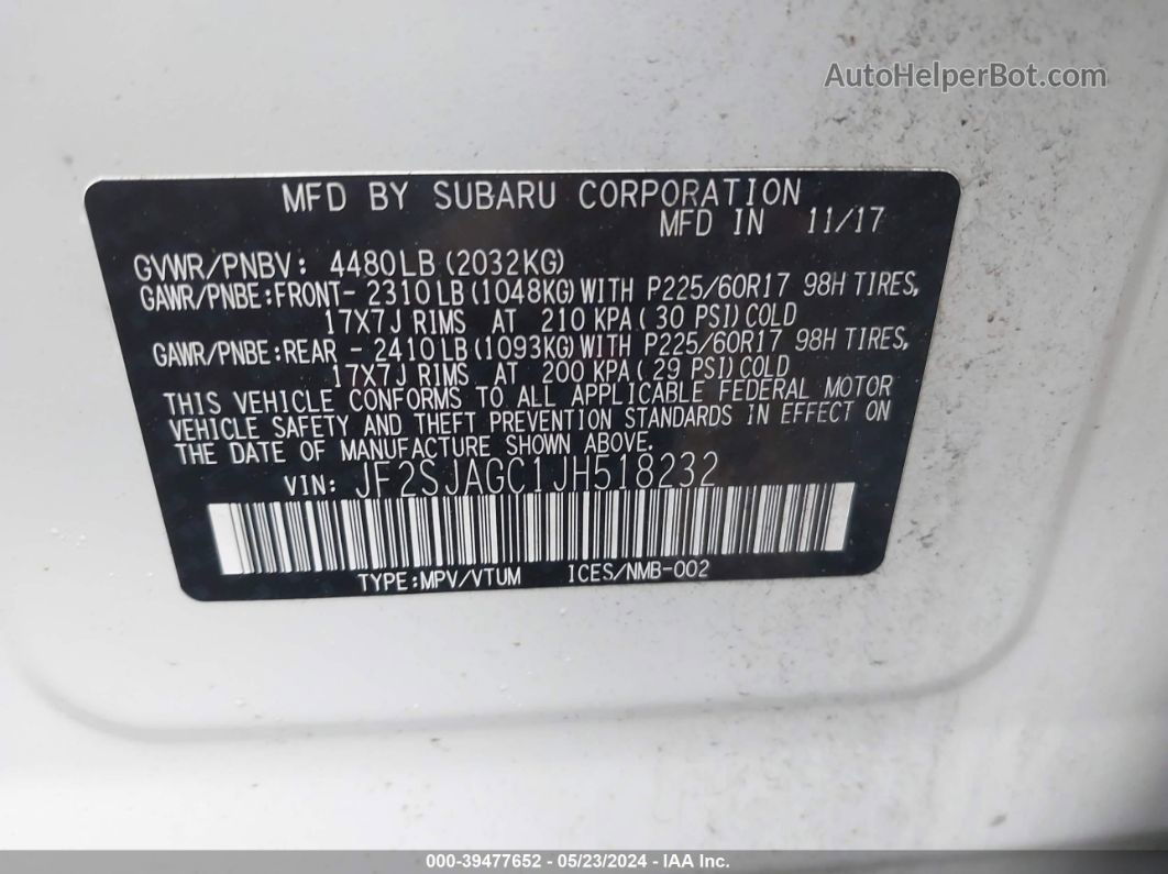 2018 Subaru Forester 2.5i Premium White vin: JF2SJAGC1JH518232