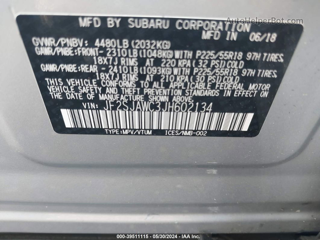 2018 Subaru Forester 2.5i Touring Gray vin: JF2SJAWC3JH602134