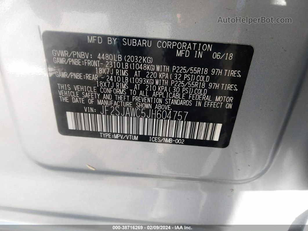 2018 Subaru Forester 2.5i Touring Silver vin: JF2SJAWC5JH604757