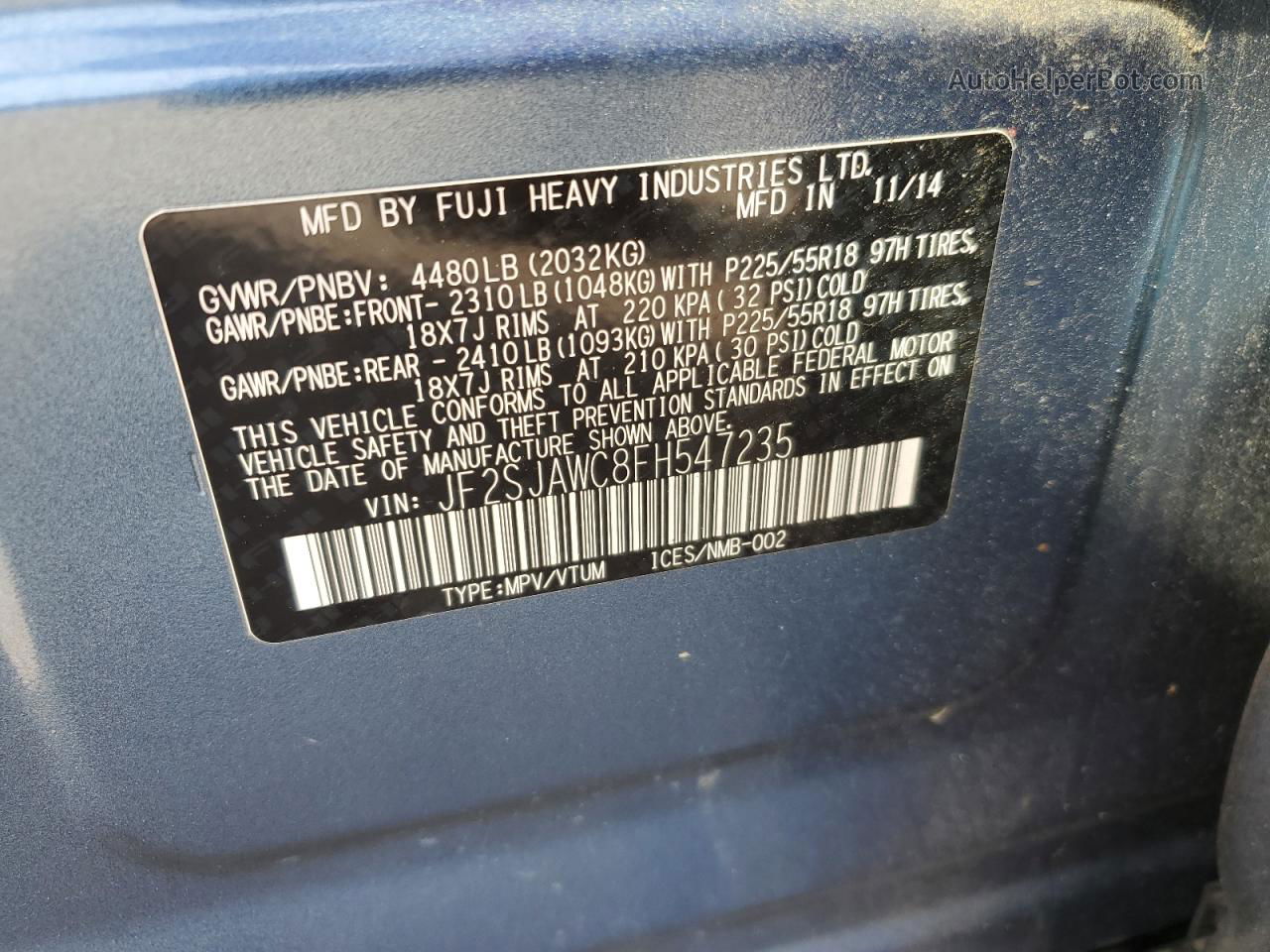 2015 Subaru Forester 2.5i Touring Blue vin: JF2SJAWC8FH547235