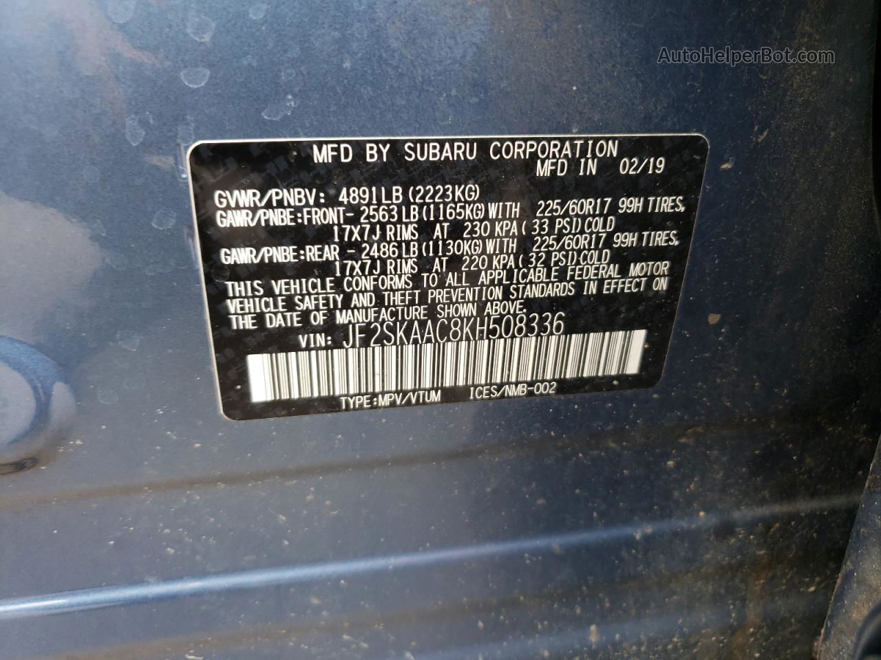 2019 Subaru Forester  Blue vin: JF2SKAAC8KH508336