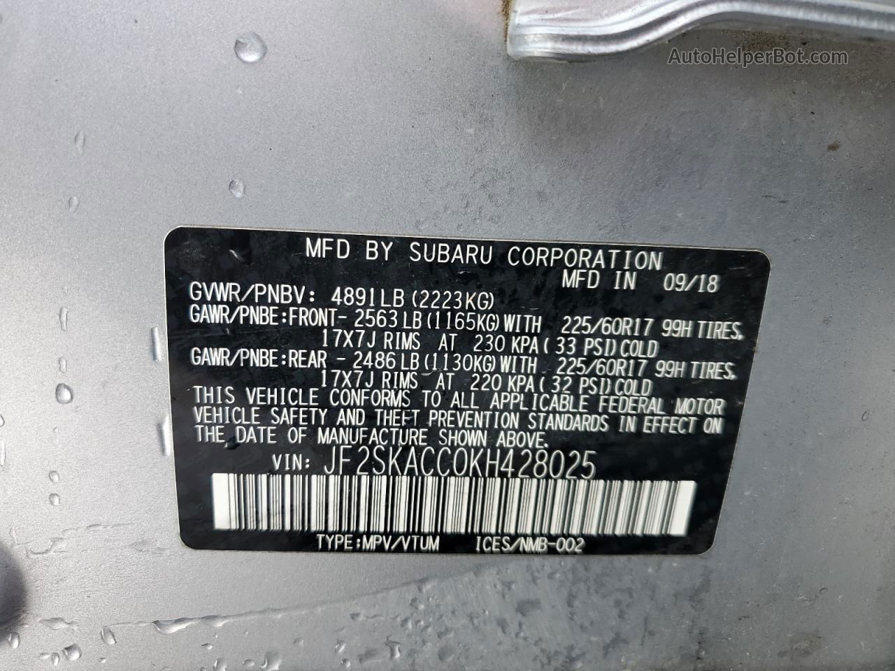 2019 Subaru Forester  Silver vin: JF2SKACC0KH428025