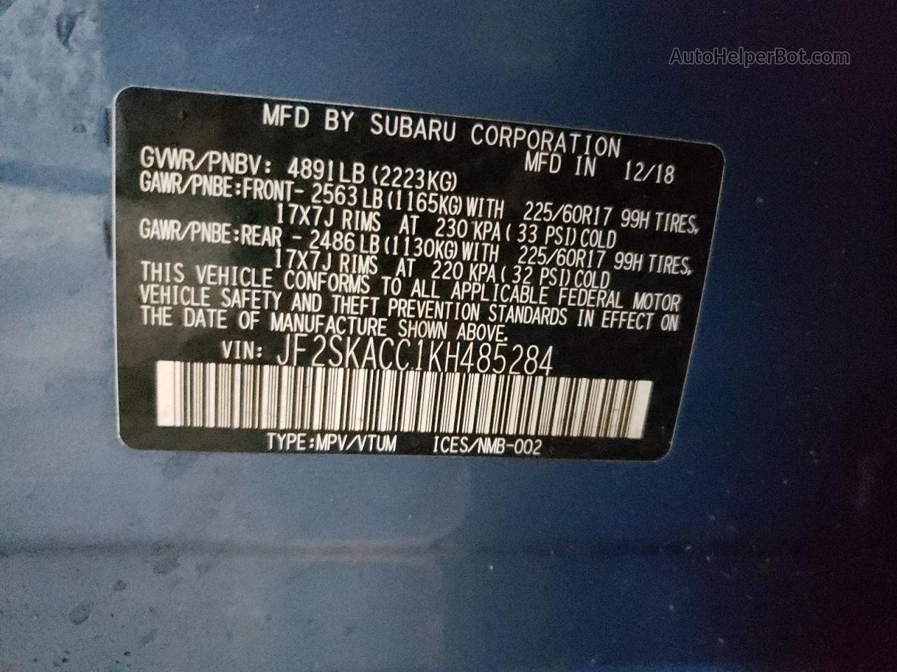 2019 Subaru Forester  Blue vin: JF2SKACC1KH485284