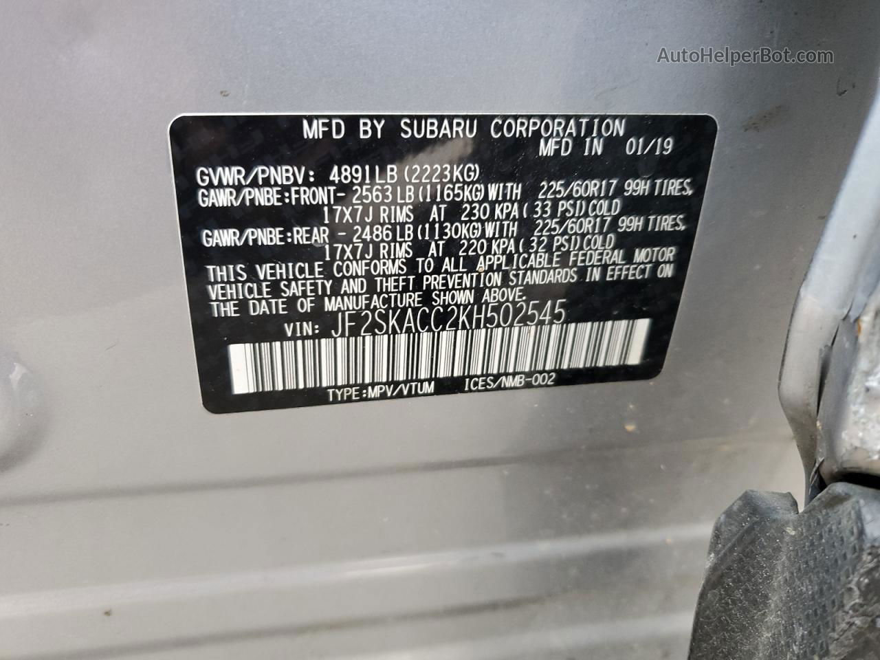 2019 Subaru Forester  Silver vin: JF2SKACC2KH502545