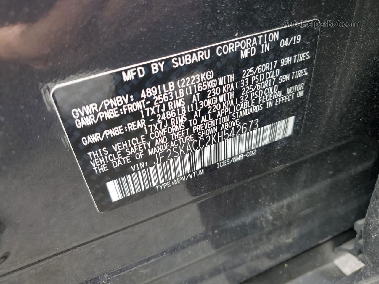 2019 Subaru Forester  Charcoal vin: JF2SKACC2KH542673