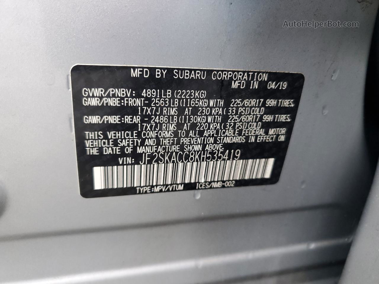 2019 Subaru Forester  Silver vin: JF2SKACC8KH535419