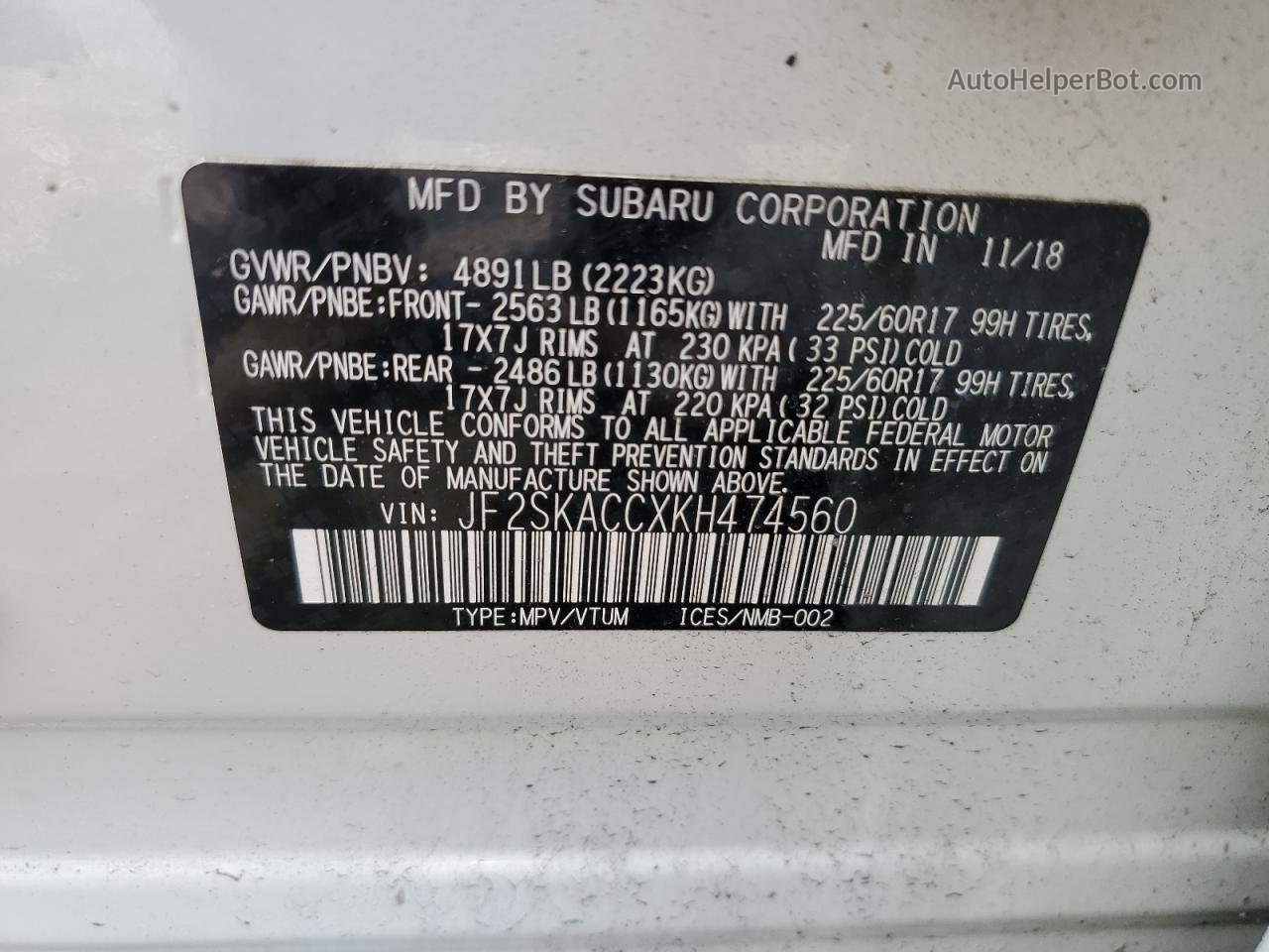 2019 Subaru Forester  White vin: JF2SKACCXKH474560
