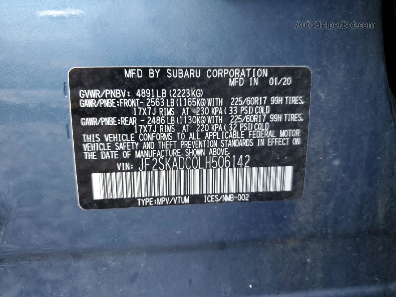 2020 Subaru Forester  Синий vin: JF2SKADC0LH506142
