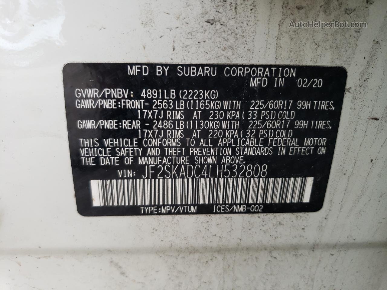 2020 Subaru Forester  White vin: JF2SKADC4LH532808