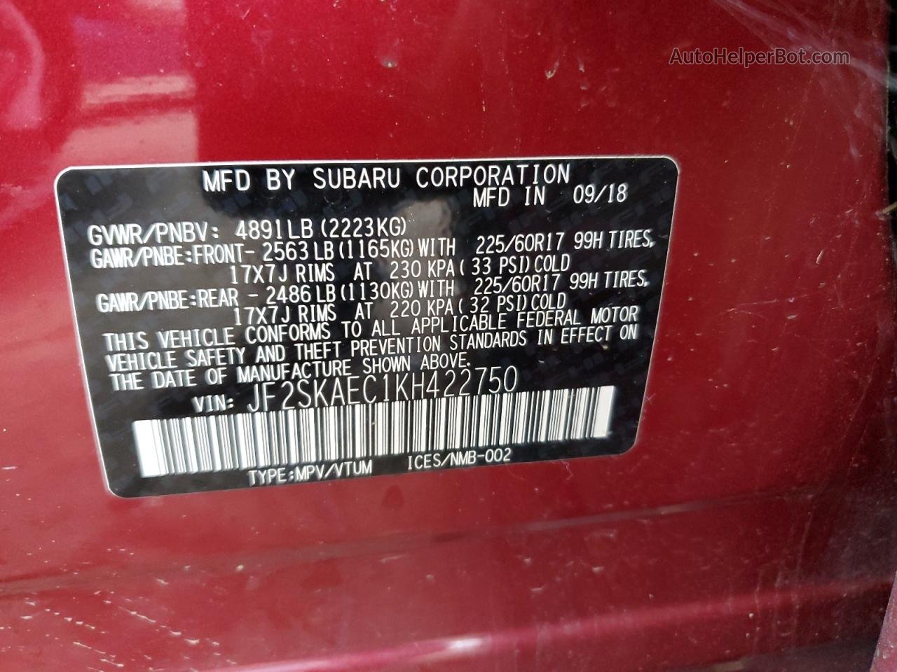 2019 Subaru Forester Premium Red vin: JF2SKAEC1KH422750