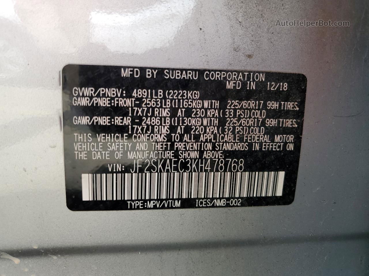 2019 Subaru Forester Premium Silver vin: JF2SKAEC3KH478768