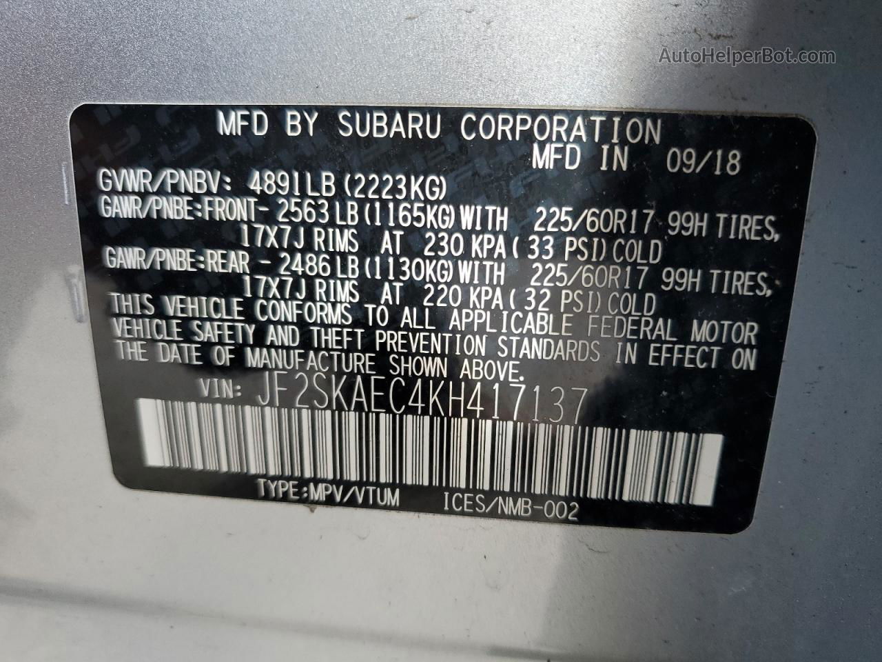 2019 Subaru Forester Premium Silver vin: JF2SKAEC4KH417137