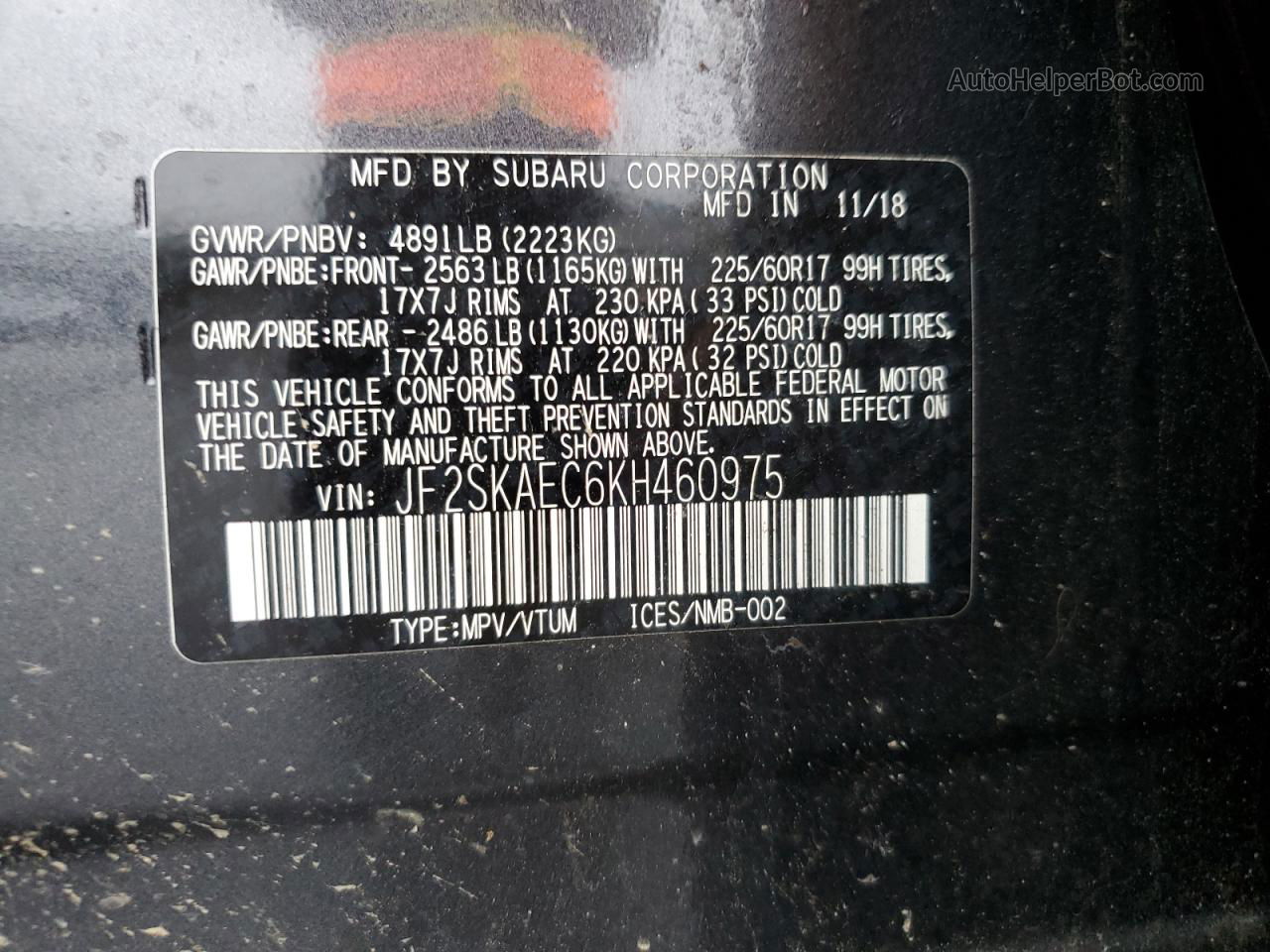 2019 Subaru Forester Premium Charcoal vin: JF2SKAEC6KH460975