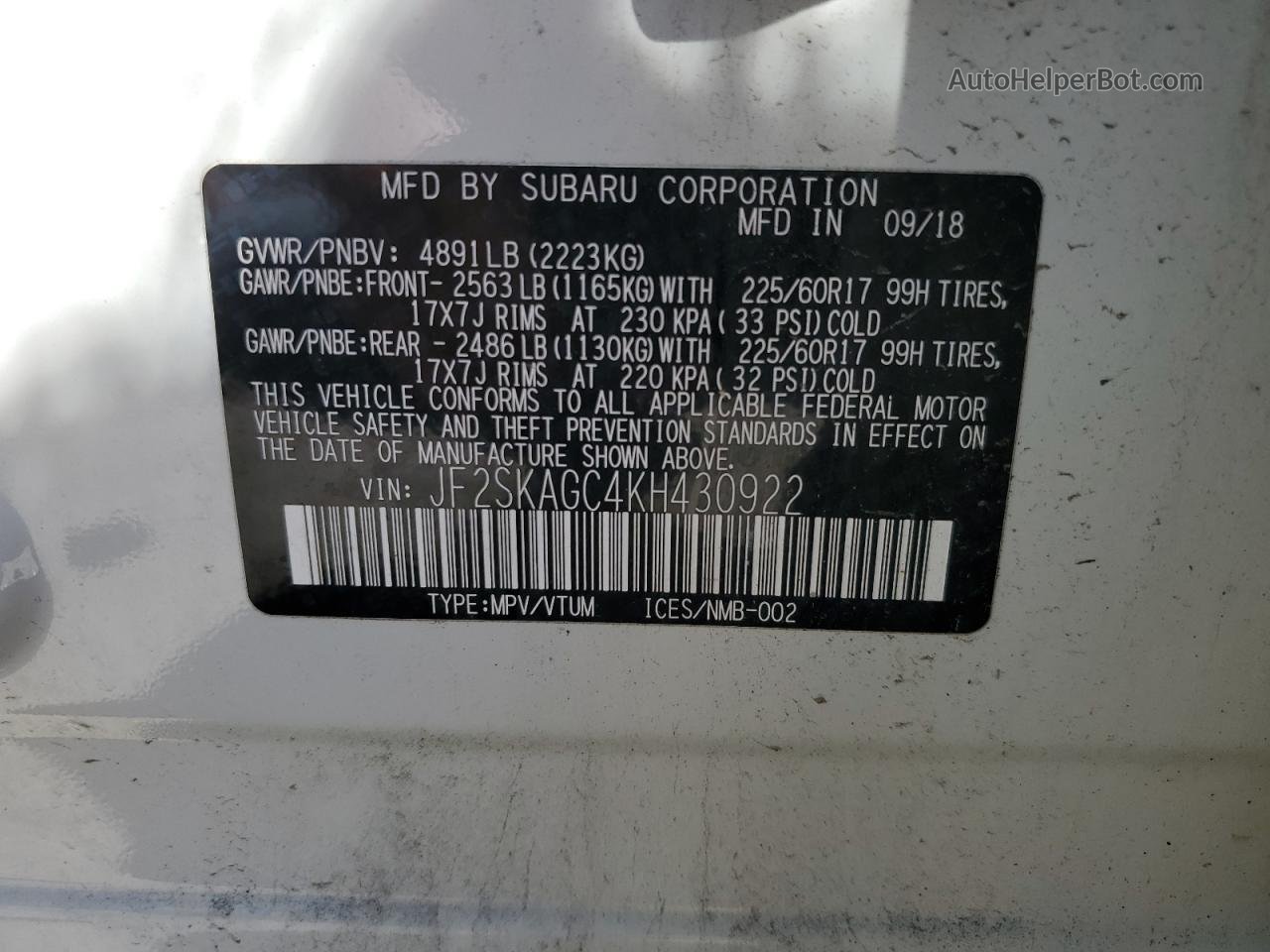 2019 Subaru Forester Premium White vin: JF2SKAGC4KH430922