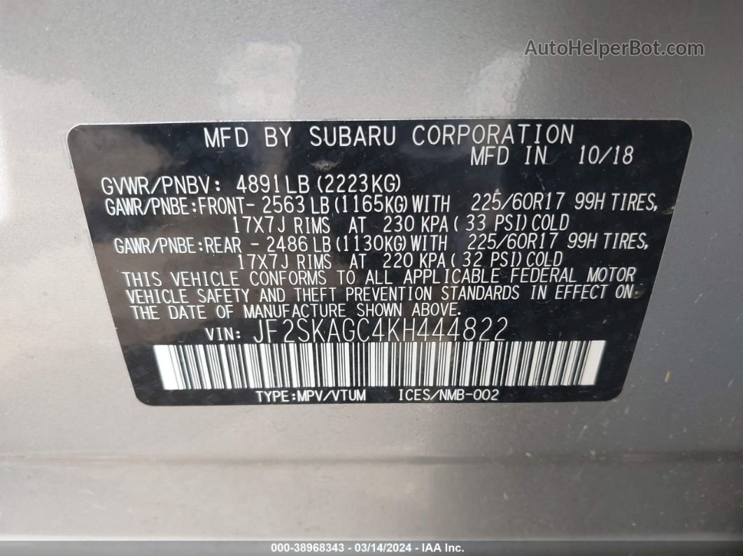 2019 Subaru Forester Premium Silver vin: JF2SKAGC4KH444822